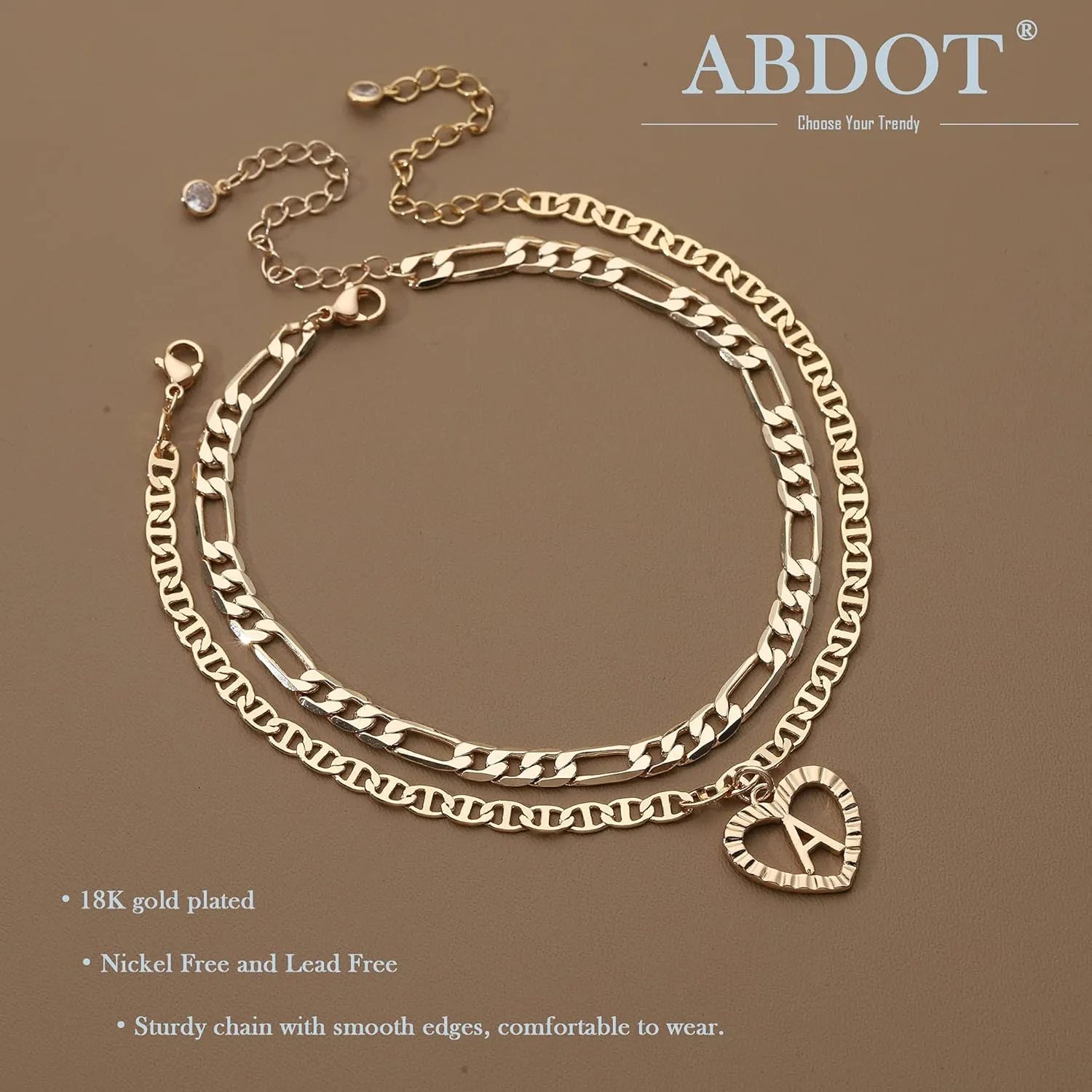 Initial Ankle Bracelets for Women 2pcs 18K Gold Plated Handmade Layered Letter Heart Figaro Chain Flat Mariner Anklets for Women Cute Summer Beach Foot Jewelry