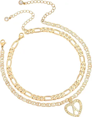 Initial Ankle Bracelets for Women 2pcs 18K Gold Plated Handmade Layered Letter Heart Figaro Chain Flat Mariner Anklets for Women Cute Summer Beach Foot Jewelry