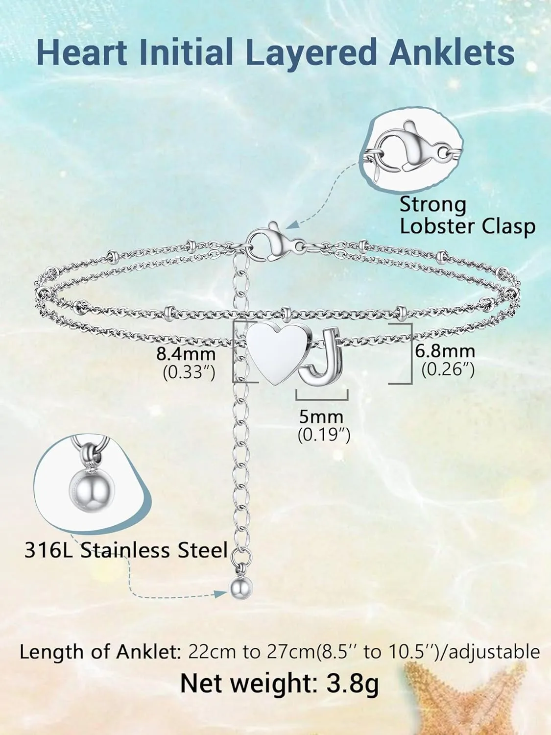 Initial Ankle Bracelets for Women, Dainty Stainless Steel Letter A-Z Layered Anklets, Heart Ankle Bracelet 8.5"-10.5" Adjustable, Summer Beach Jewelry, Come with Box