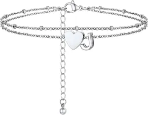 Initial Ankle Bracelets for Women, Dainty Stainless Steel Letter A-Z Layered Anklets, Heart Ankle Bracelet 8.5"-10.5" Adjustable, Summer Beach Jewelry, Come with Box
