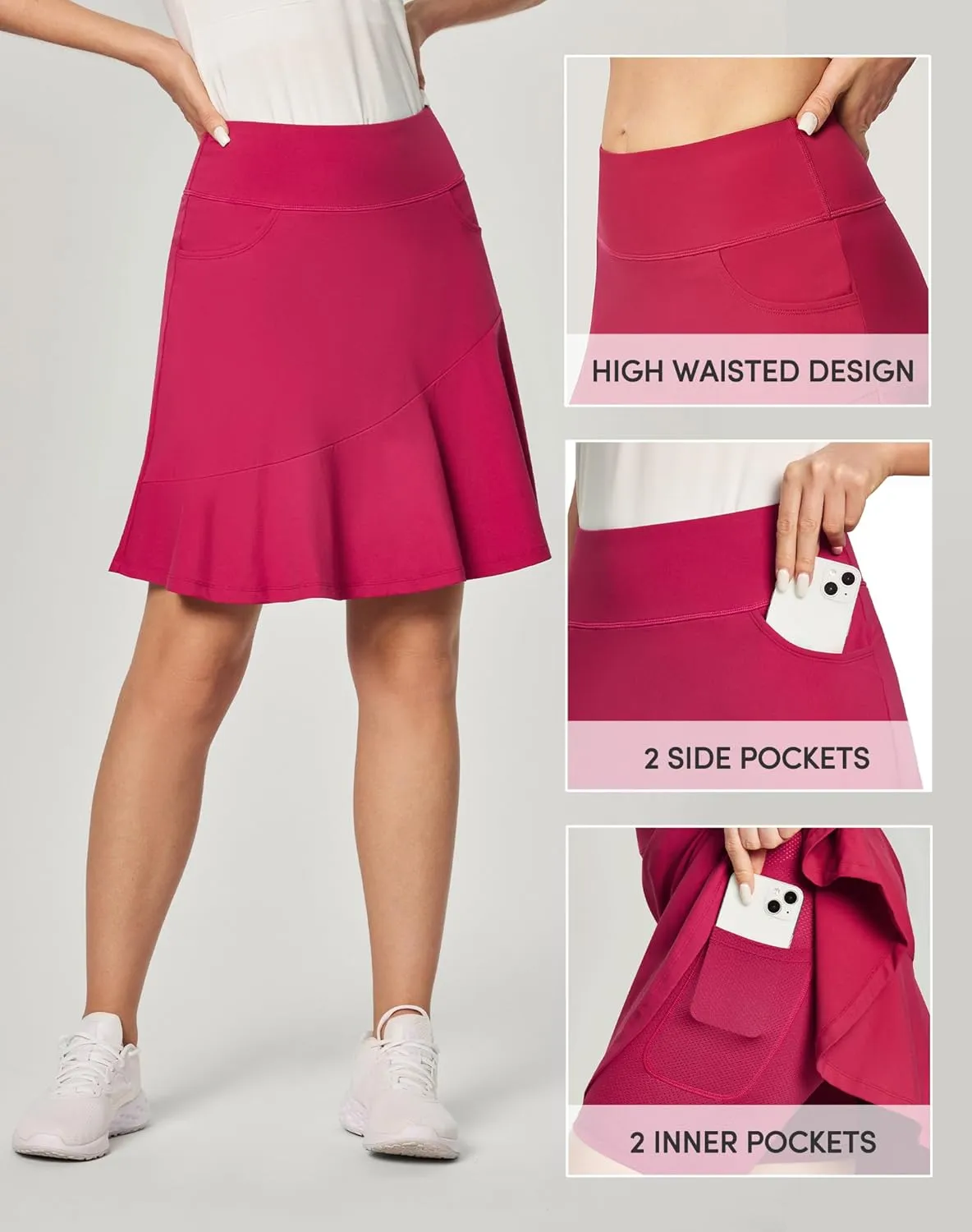IUGA 20" Knee Length Skort Golf Skirts for Women High Waisted Tennis Skirt Ruffle Skorts for Women with Pockets
