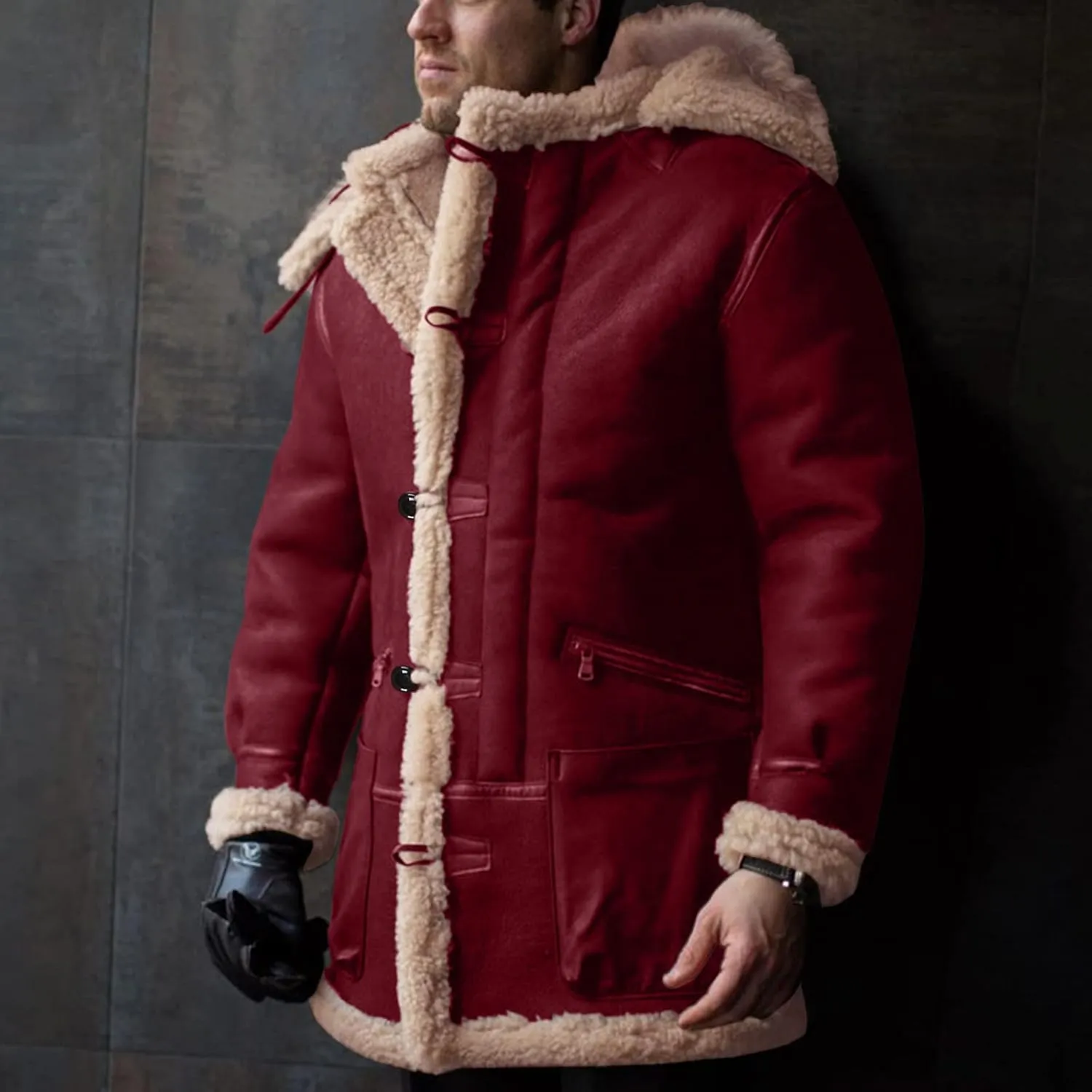 Jackets for Men Men's Lined Hooded Jacket Retro Long Suede Jacket Coat Jackets