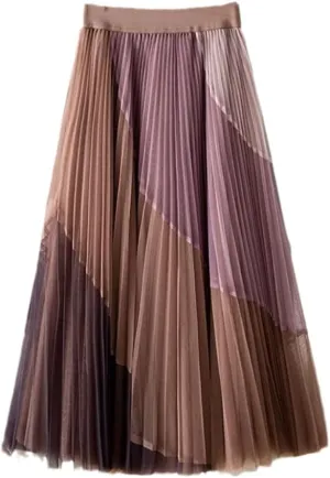 Jegsnoe Women Pleated Midi Skirts Spring Fashion Patchwork Casual Elastic High-Waisted Skirt