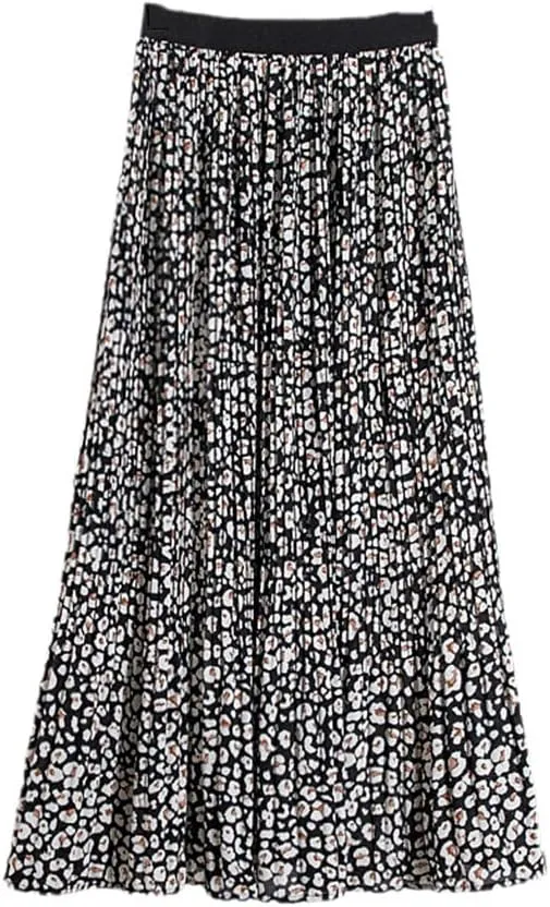 Jegsnoe Women Print Chiffon Midi Skirt Fashion A-Line Elastic High Waist Pleated Long Skirt with Lined