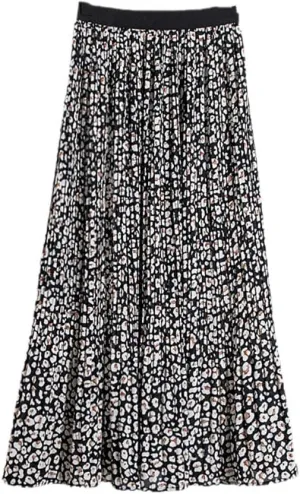 Jegsnoe Women Print Chiffon Midi Skirt Fashion A-Line Elastic High Waist Pleated Long Skirt with Lined