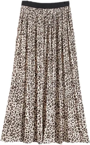 Jegsnoe Women Print Chiffon Midi Skirt Fashion A-Line Elastic High Waist Pleated Long Skirt with Lined