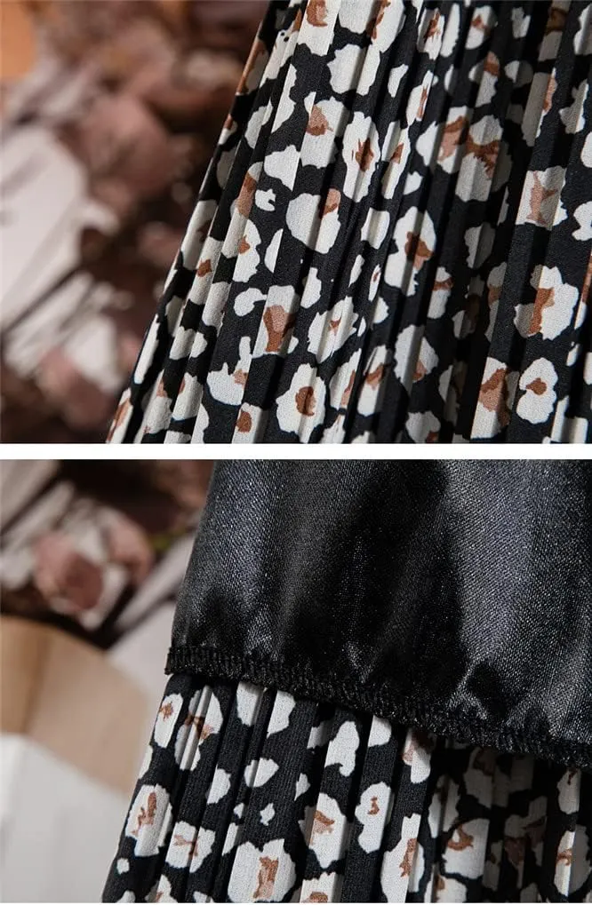 Jegsnoe Women Print Chiffon Midi Skirt Fashion A-Line Elastic High Waist Pleated Long Skirt with Lined