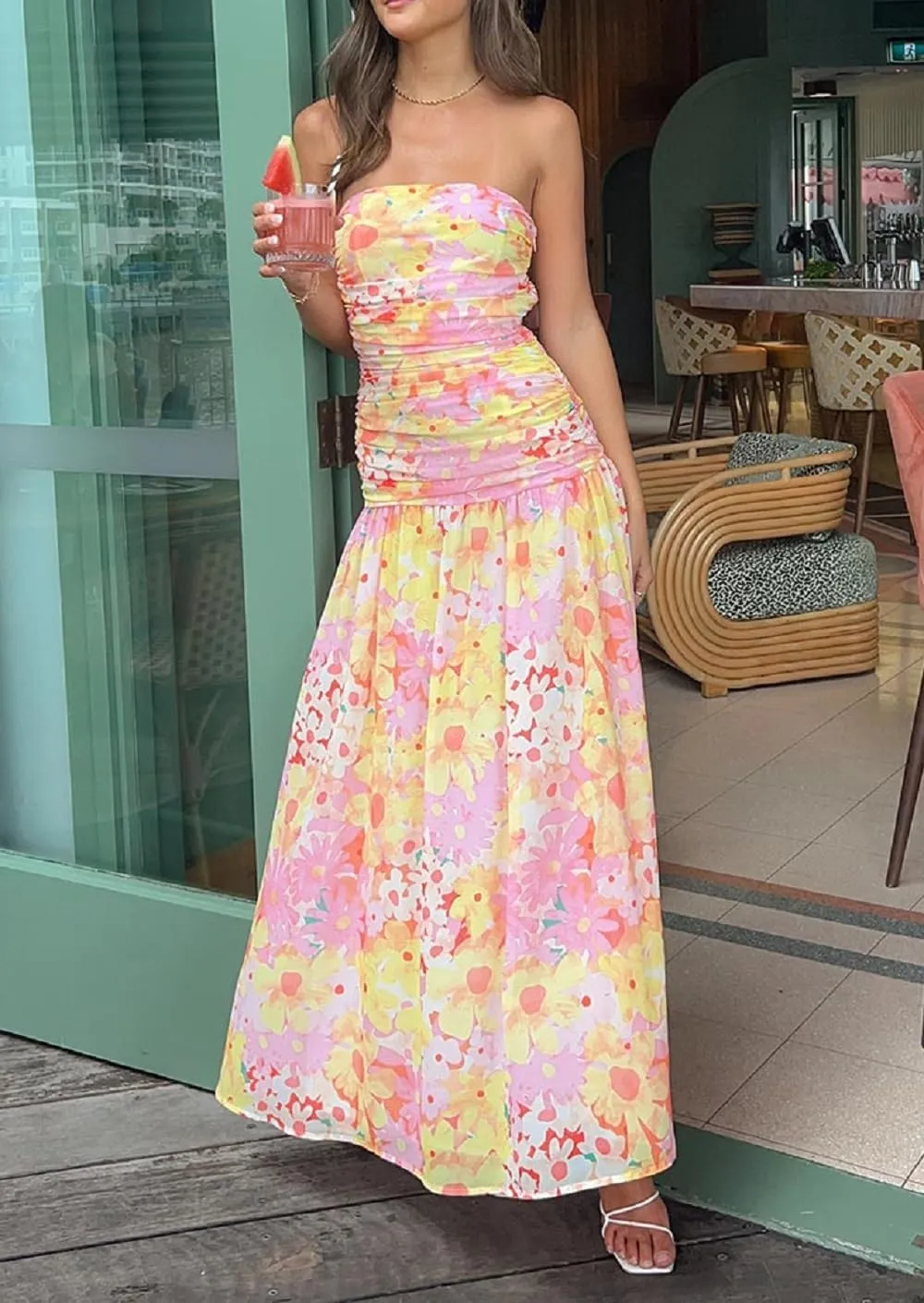 Juakoso Women Y2k Strapless Maxi Dress Floral Print Flowy A Line Long Dress Elegant Summer Vacation Party Dresses Beachwear