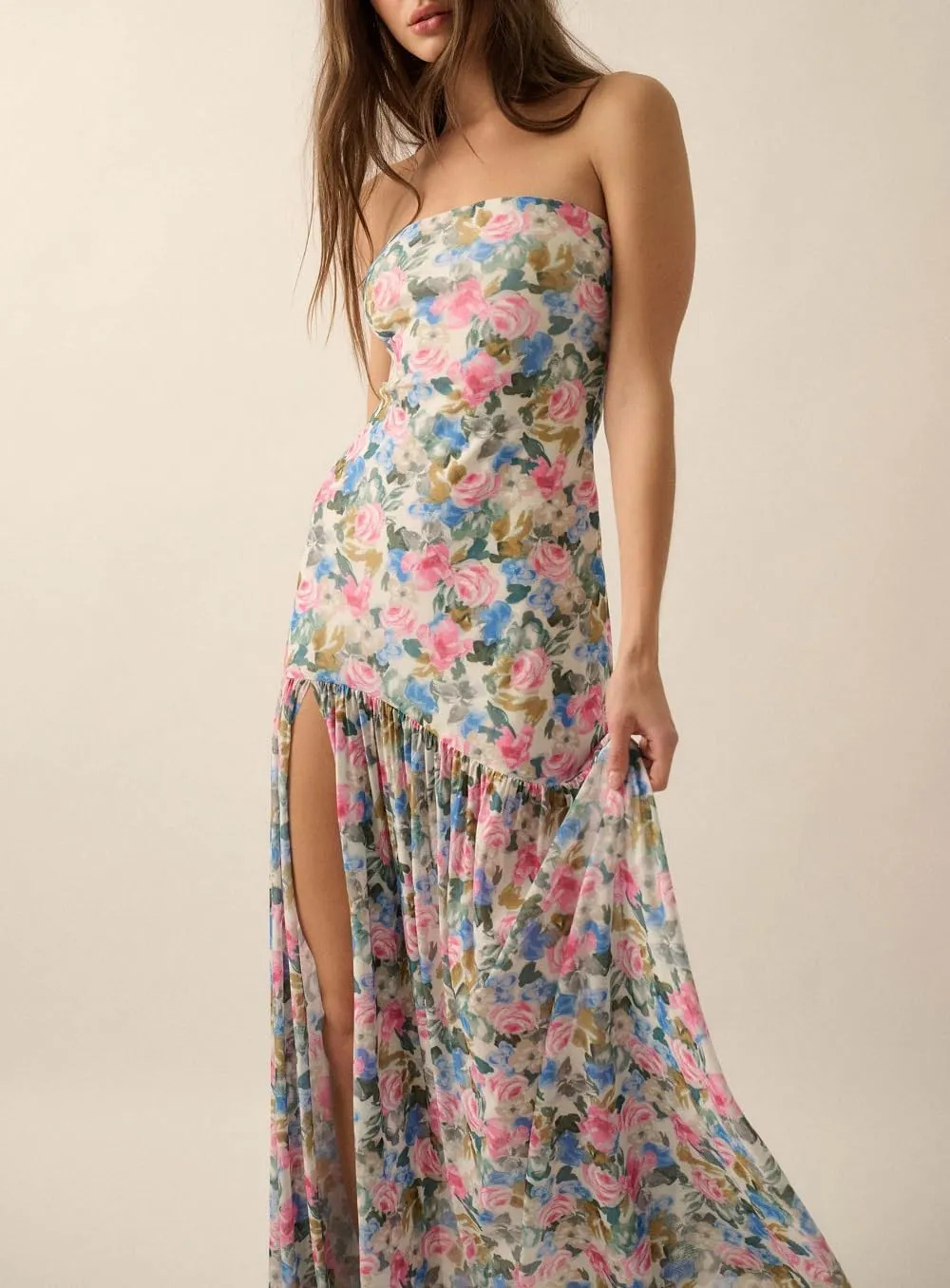 Juakoso Women Y2k Strapless Maxi Dress Floral Print Flowy A Line Long Dress Elegant Summer Vacation Party Dresses Beachwear