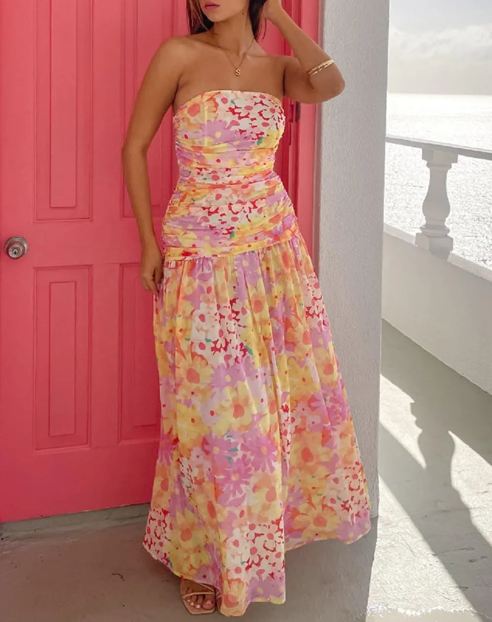 Juakoso Women Y2k Strapless Maxi Dress Floral Print Flowy A Line Long Dress Elegant Summer Vacation Party Dresses Beachwear