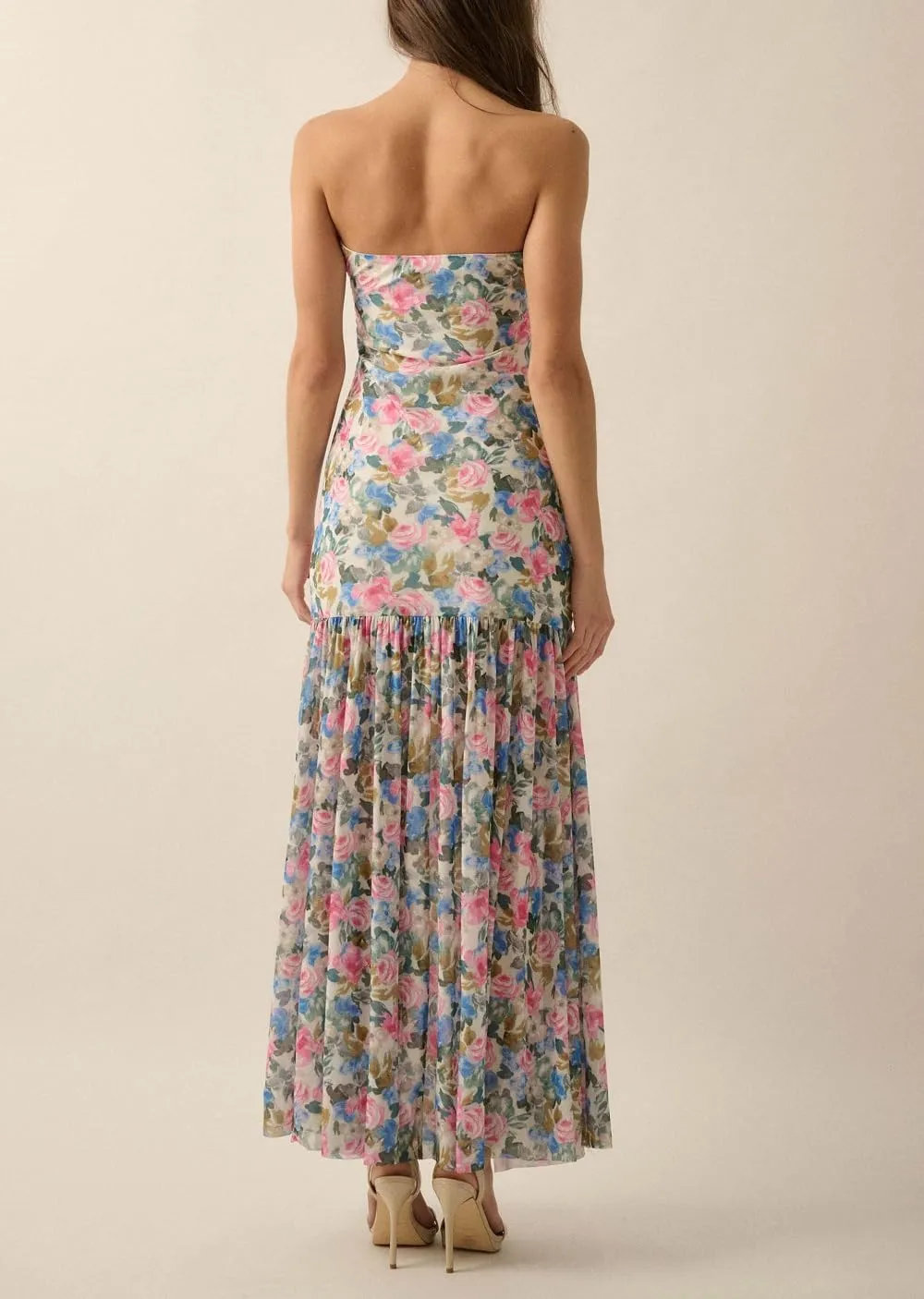 Juakoso Women Y2k Strapless Maxi Dress Floral Print Flowy A Line Long Dress Elegant Summer Vacation Party Dresses Beachwear
