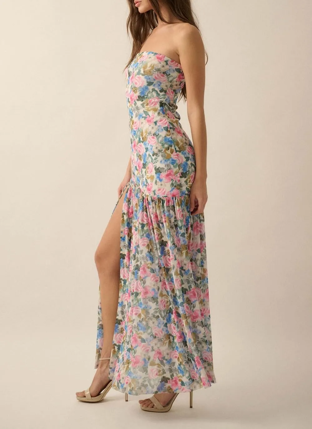Juakoso Women Y2k Strapless Maxi Dress Floral Print Flowy A Line Long Dress Elegant Summer Vacation Party Dresses Beachwear
