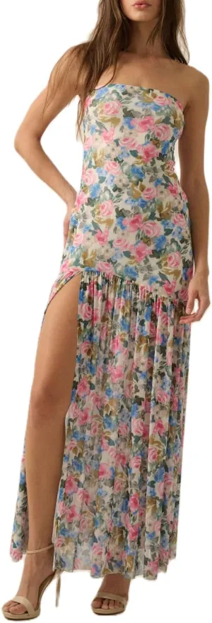 Juakoso Women Y2k Strapless Maxi Dress Floral Print Flowy A Line Long Dress Elegant Summer Vacation Party Dresses Beachwear