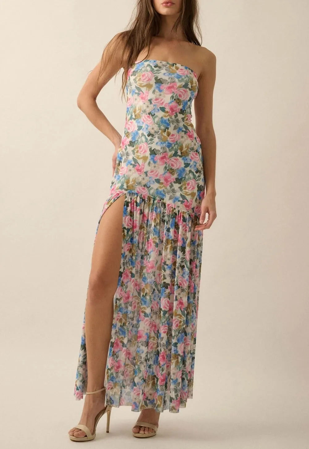 Juakoso Women Y2k Strapless Maxi Dress Floral Print Flowy A Line Long Dress Elegant Summer Vacation Party Dresses Beachwear
