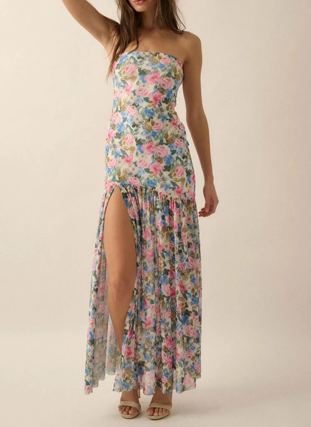 Juakoso Women Y2k Strapless Maxi Dress Floral Print Flowy A Line Long Dress Elegant Summer Vacation Party Dresses Beachwear