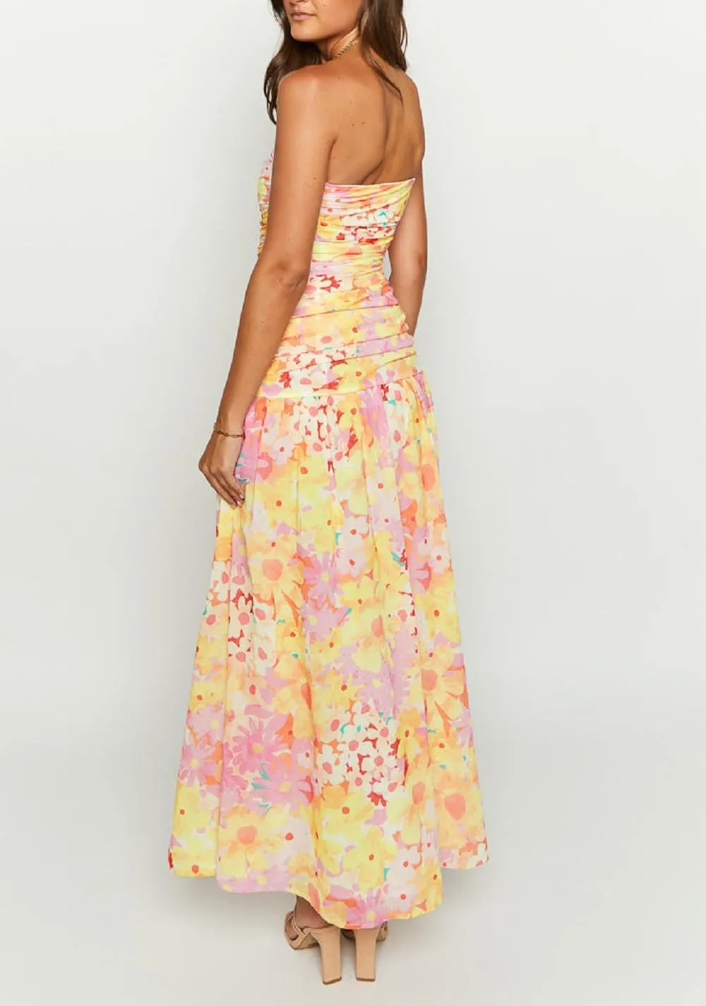 Juakoso Women Y2k Strapless Maxi Dress Floral Print Flowy A Line Long Dress Elegant Summer Vacation Party Dresses Beachwear