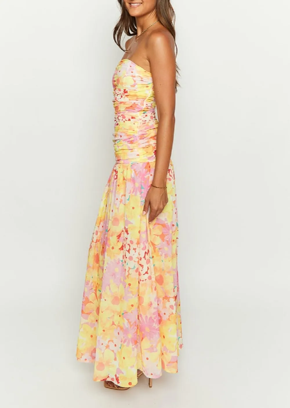 Juakoso Women Y2k Strapless Maxi Dress Floral Print Flowy A Line Long Dress Elegant Summer Vacation Party Dresses Beachwear