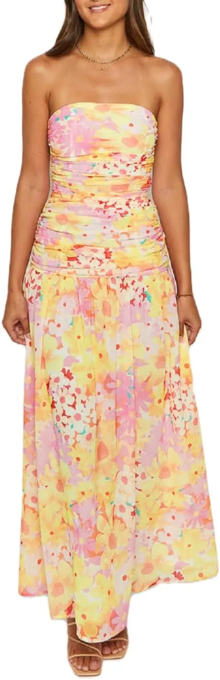 Juakoso Women Y2k Strapless Maxi Dress Floral Print Flowy A Line Long Dress Elegant Summer Vacation Party Dresses Beachwear