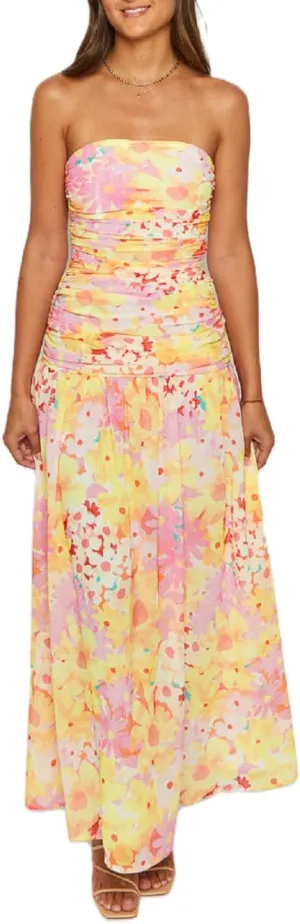 Juakoso Women Y2k Strapless Maxi Dress Floral Print Flowy A Line Long Dress Elegant Summer Vacation Party Dresses Beachwear