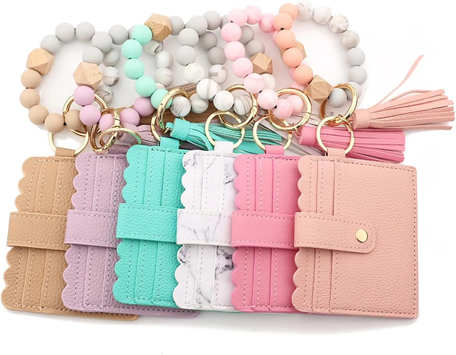 Keychain Bracelet Wristlet with Wallet Card, Wristlet Purse with Tassel Keychain, Silicone Beaded Bracelet Wallet for Women
