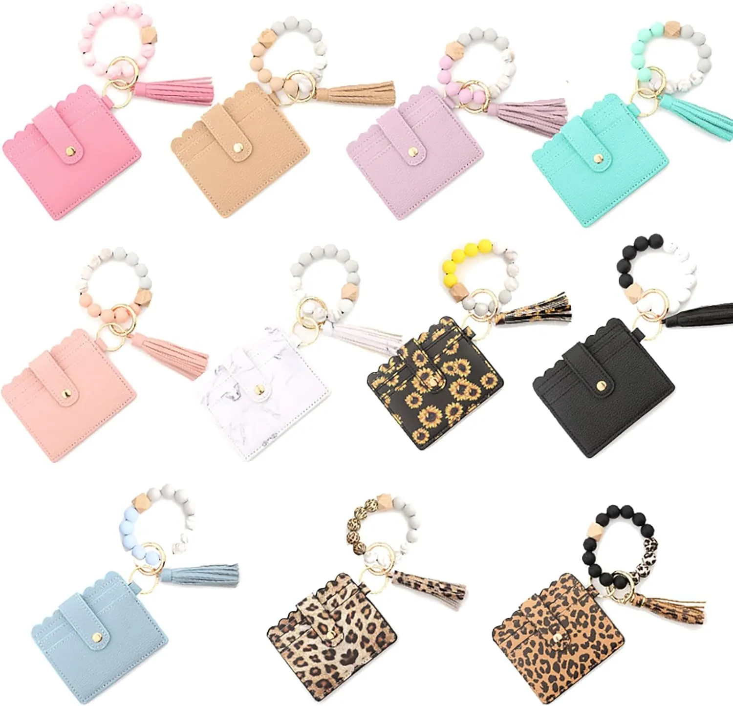 Keychain Bracelet Wristlet with Wallet Card, Wristlet Purse with Tassel Keychain, Silicone Beaded Bracelet Wallet for Women