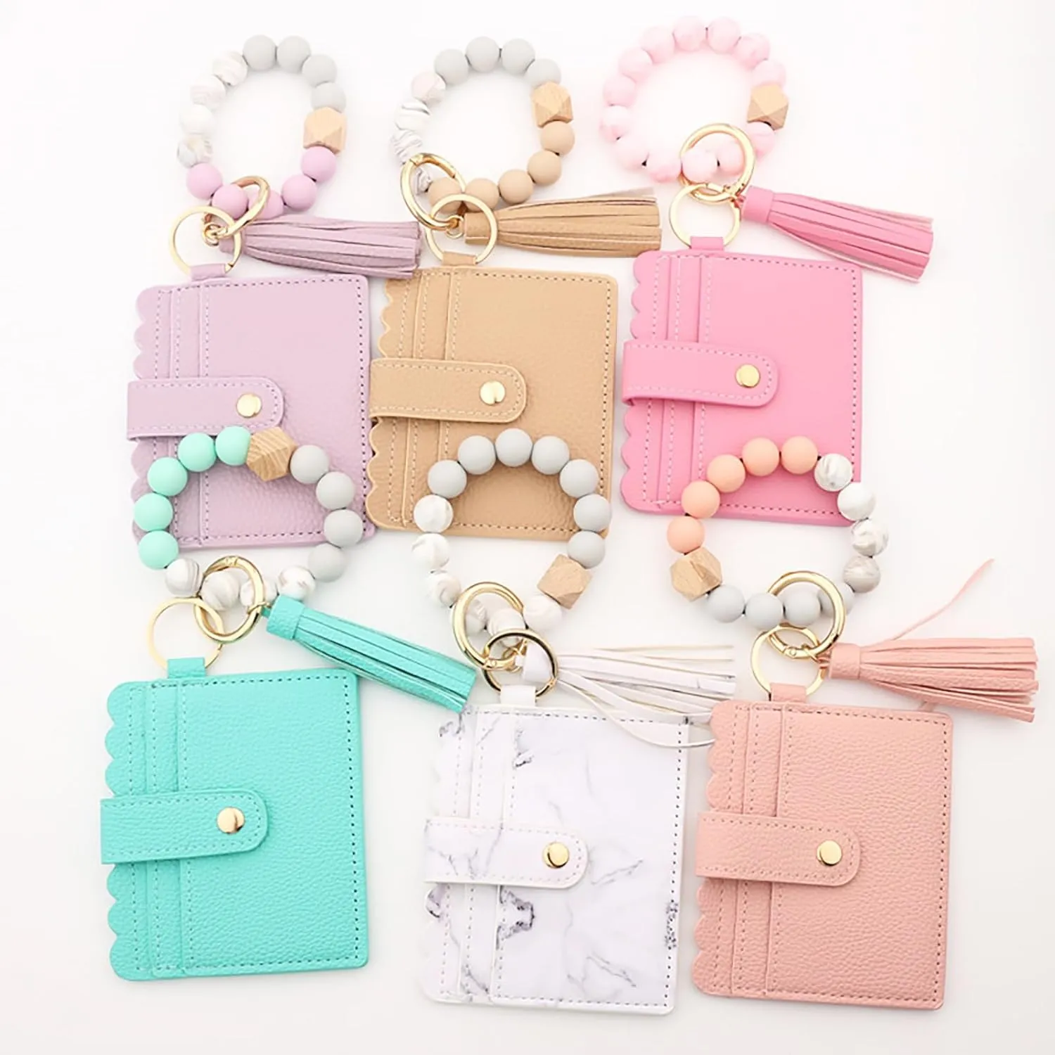 Keychain Bracelet Wristlet with Wallet Card, Wristlet Purse with Tassel Keychain, Silicone Beaded Bracelet Wallet for Women