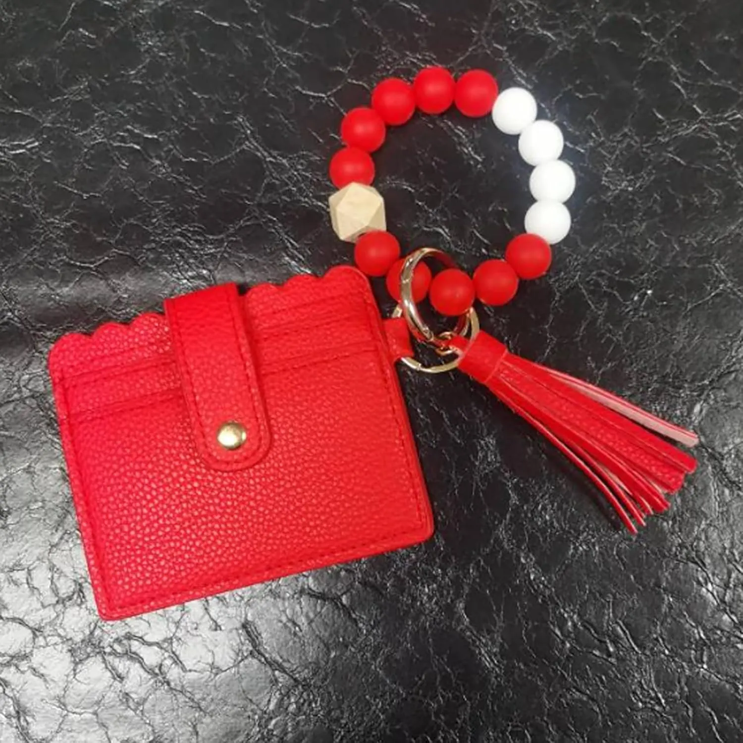 Keychain Bracelet Wristlet with Wallet Card, Wristlet Purse with Tassel Keychain, Silicone Beaded Bracelet Wallet for Women