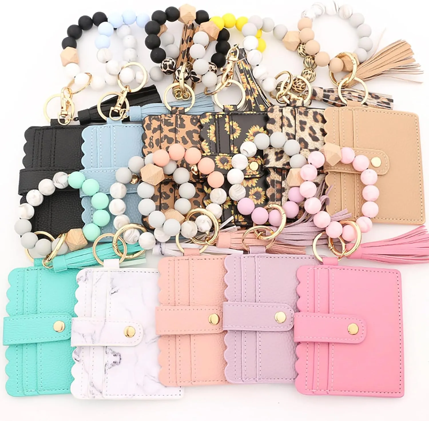 Keychain Bracelet Wristlet with Wallet Card, Wristlet Purse with Tassel Keychain, Silicone Beaded Bracelet Wallet for Women