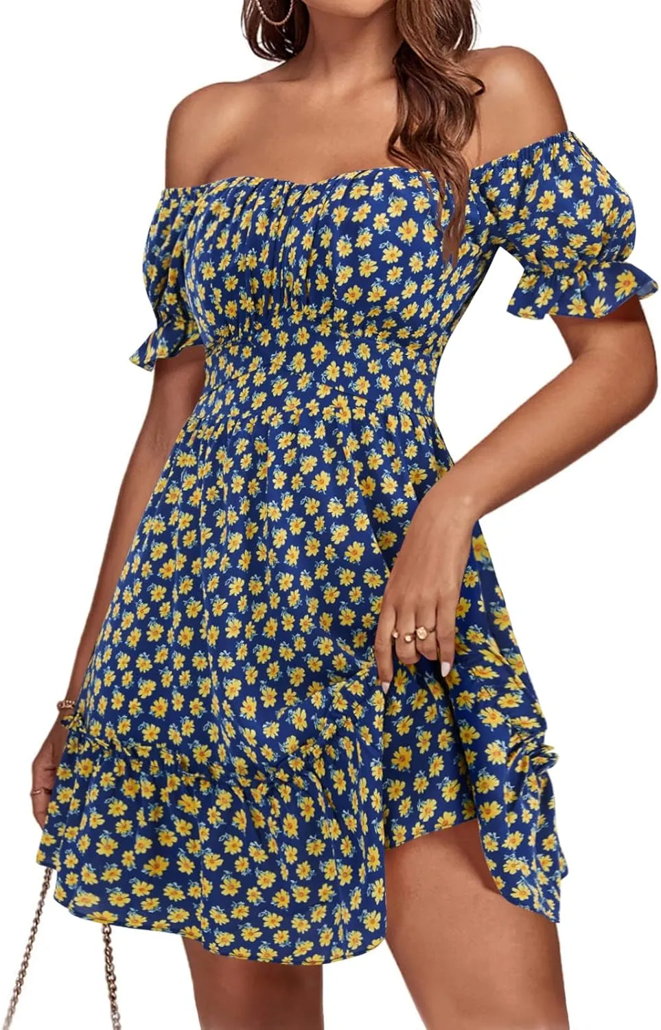 KIFOVEN Women's Off Shoulder Puff Short Sleeve Ruffle Flowy A Line Floral Print Short Mini Dress