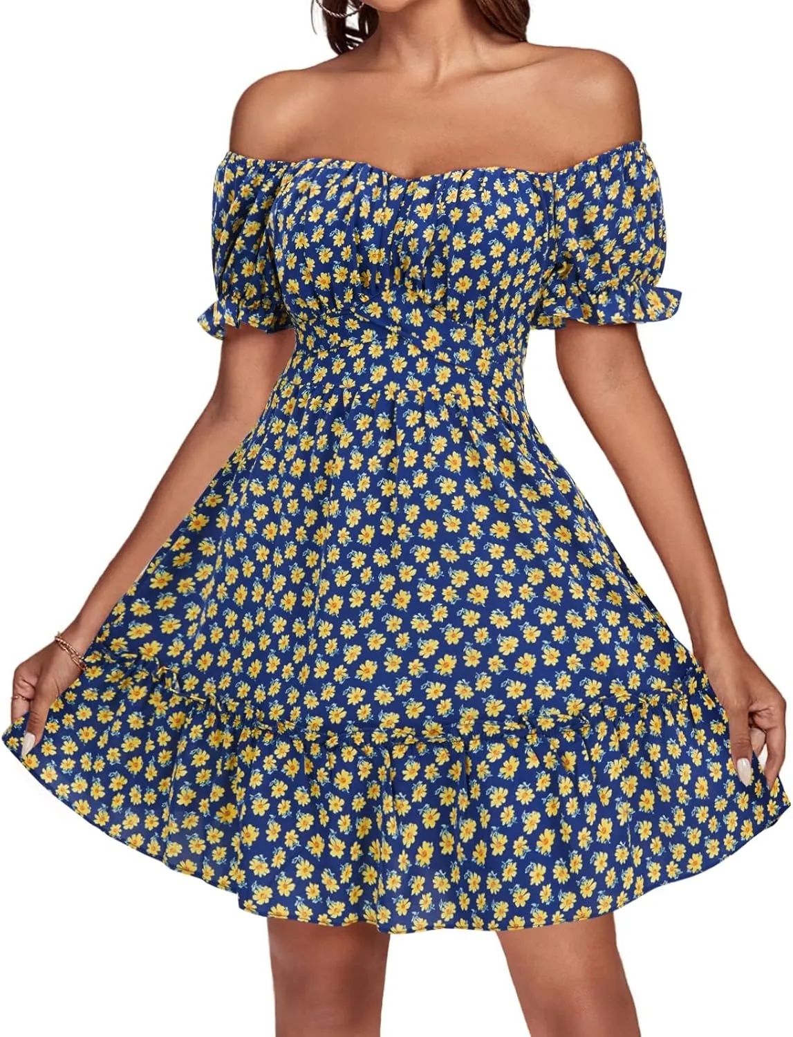 KIFOVEN Women's Off Shoulder Puff Short Sleeve Ruffle Flowy A Line Floral Print Short Mini Dress