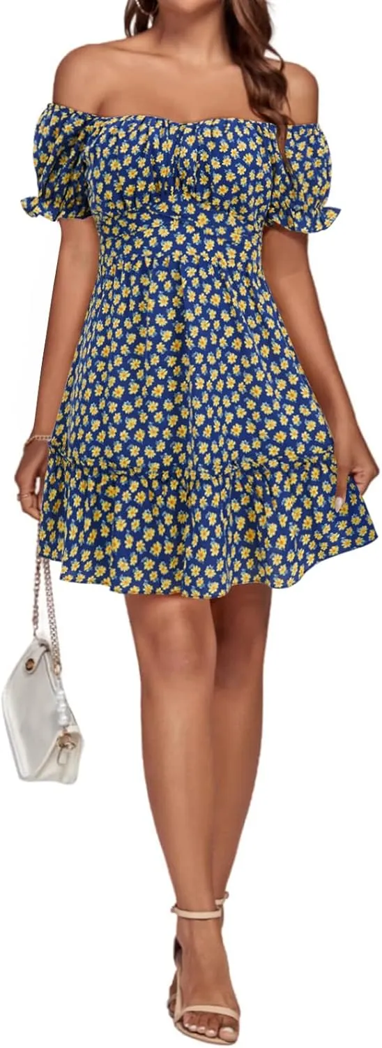 KIFOVEN Women's Off Shoulder Puff Short Sleeve Ruffle Flowy A Line Floral Print Short Mini Dress
