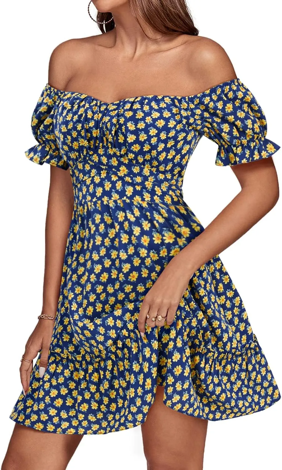 KIFOVEN Women's Off Shoulder Puff Short Sleeve Ruffle Flowy A Line Floral Print Short Mini Dress