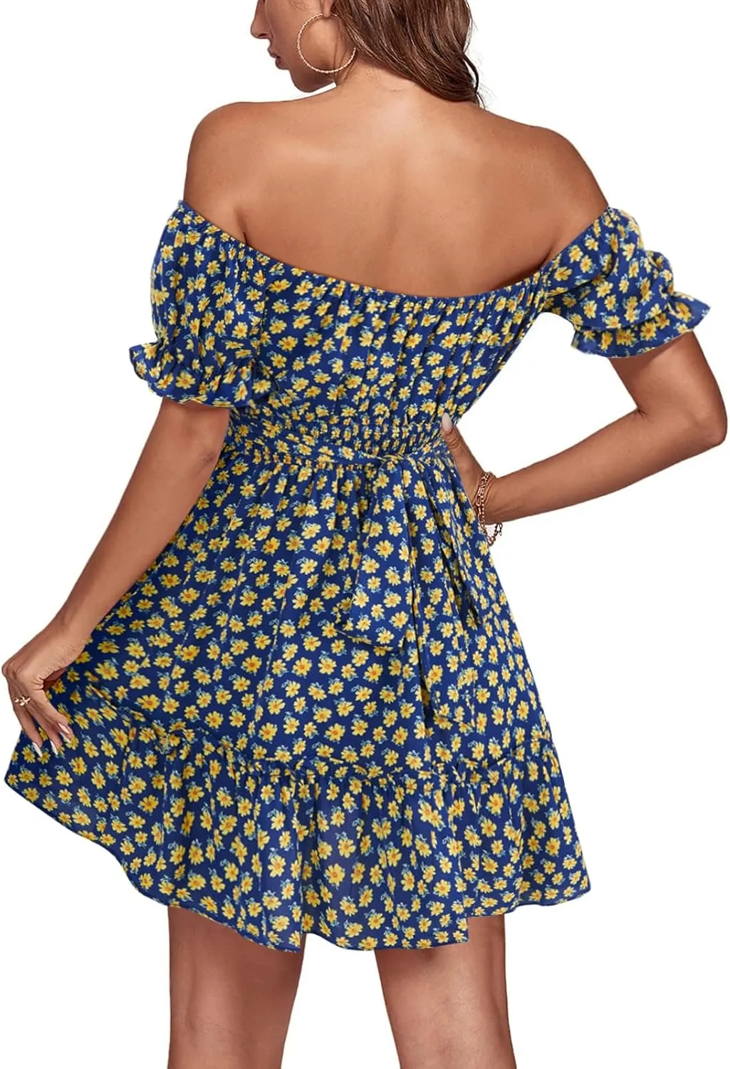 KIFOVEN Women's Off Shoulder Puff Short Sleeve Ruffle Flowy A Line Floral Print Short Mini Dress