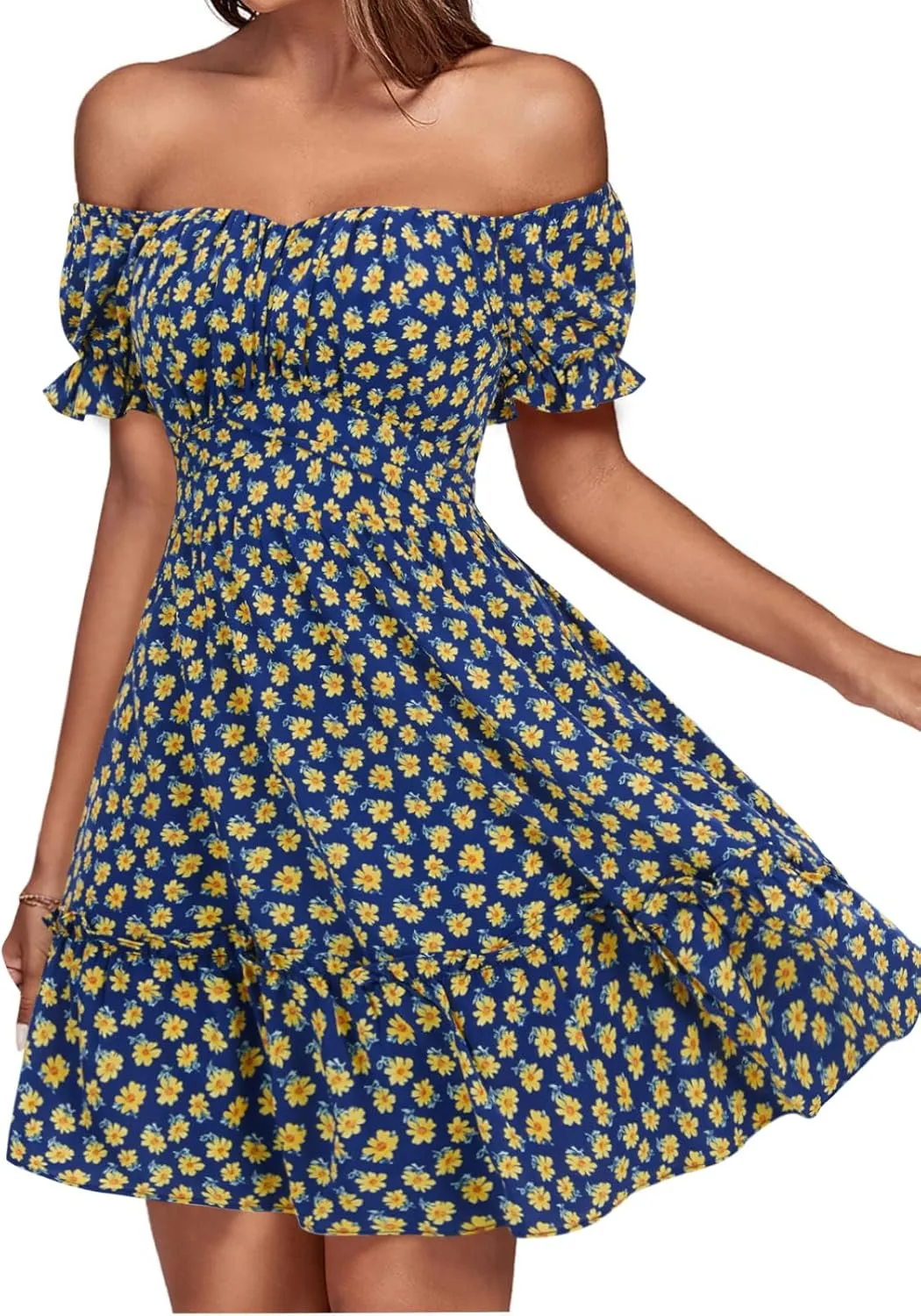 KIFOVEN Women's Off Shoulder Puff Short Sleeve Ruffle Flowy A Line Floral Print Short Mini Dress