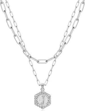 KissYan Layered Initial Necklaces for Women, 14K Gold Plated Hexagon Letter Pendant Silver Chain Dainty Layering White Gold Paperclip Link Adjustable Capital A-Z Choker Necklace Trendy Jewelry Gifts