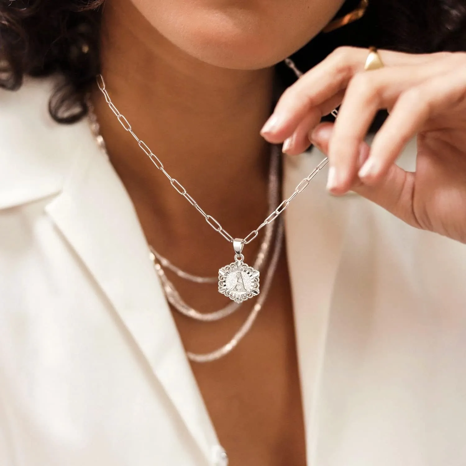 KissYan Layered Initial Necklaces for Women, 14K Gold Plated Hexagon Letter Pendant Silver Chain Dainty Layering White Gold Paperclip Link Adjustable Capital A-Z Choker Necklace Trendy Jewelry Gifts