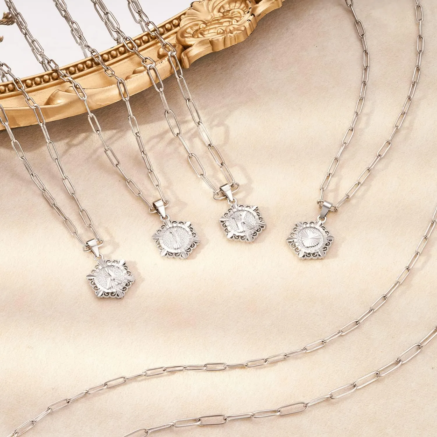 KissYan Layered Initial Necklaces for Women, 14K Gold Plated Hexagon Letter Pendant Silver Chain Dainty Layering White Gold Paperclip Link Adjustable Capital A-Z Choker Necklace Trendy Jewelry Gifts