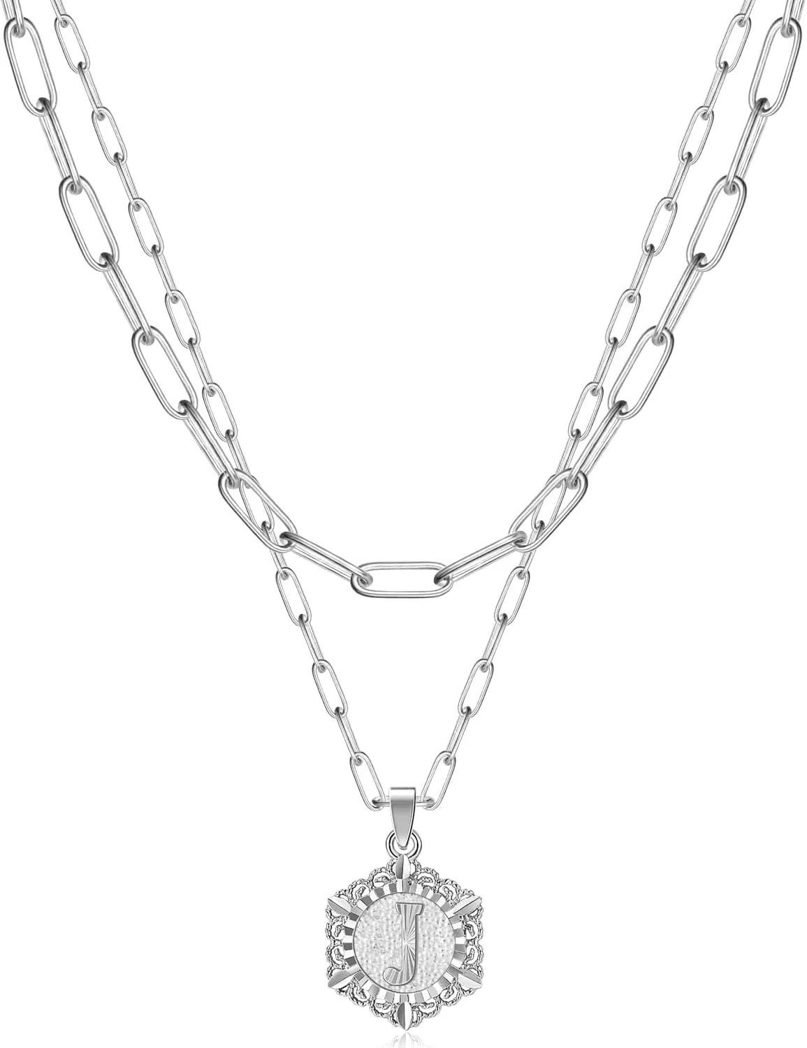 KissYan Layered Initial Necklaces for Women, 14K Gold Plated Hexagon Letter Pendant Silver Chain Dainty Layering White Gold Paperclip Link Adjustable Capital A-Z Choker Necklace Trendy Jewelry Gifts