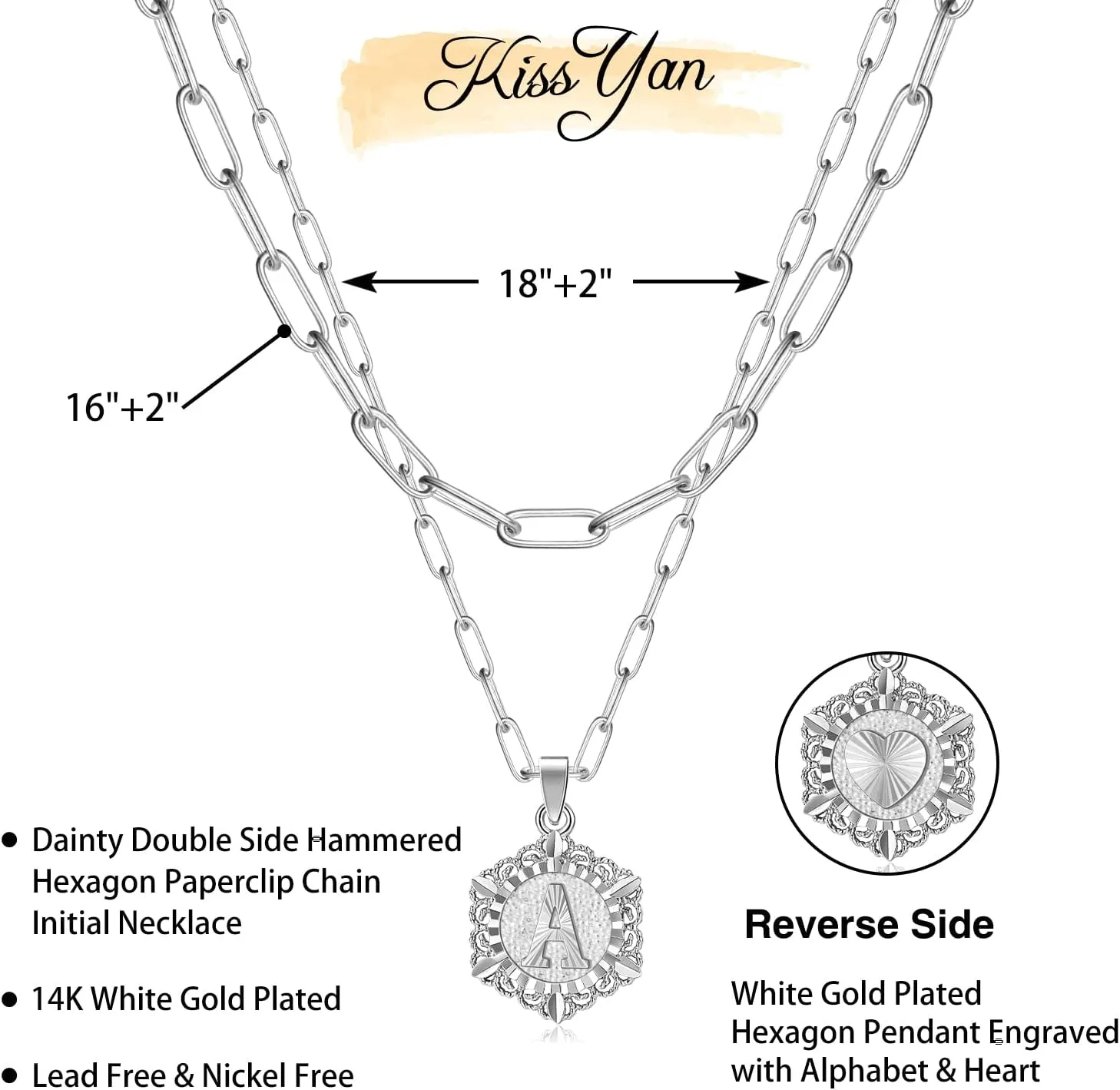 KissYan Layered Initial Necklaces for Women, 14K Gold Plated Hexagon Letter Pendant Silver Chain Dainty Layering White Gold Paperclip Link Adjustable Capital A-Z Choker Necklace Trendy Jewelry Gifts