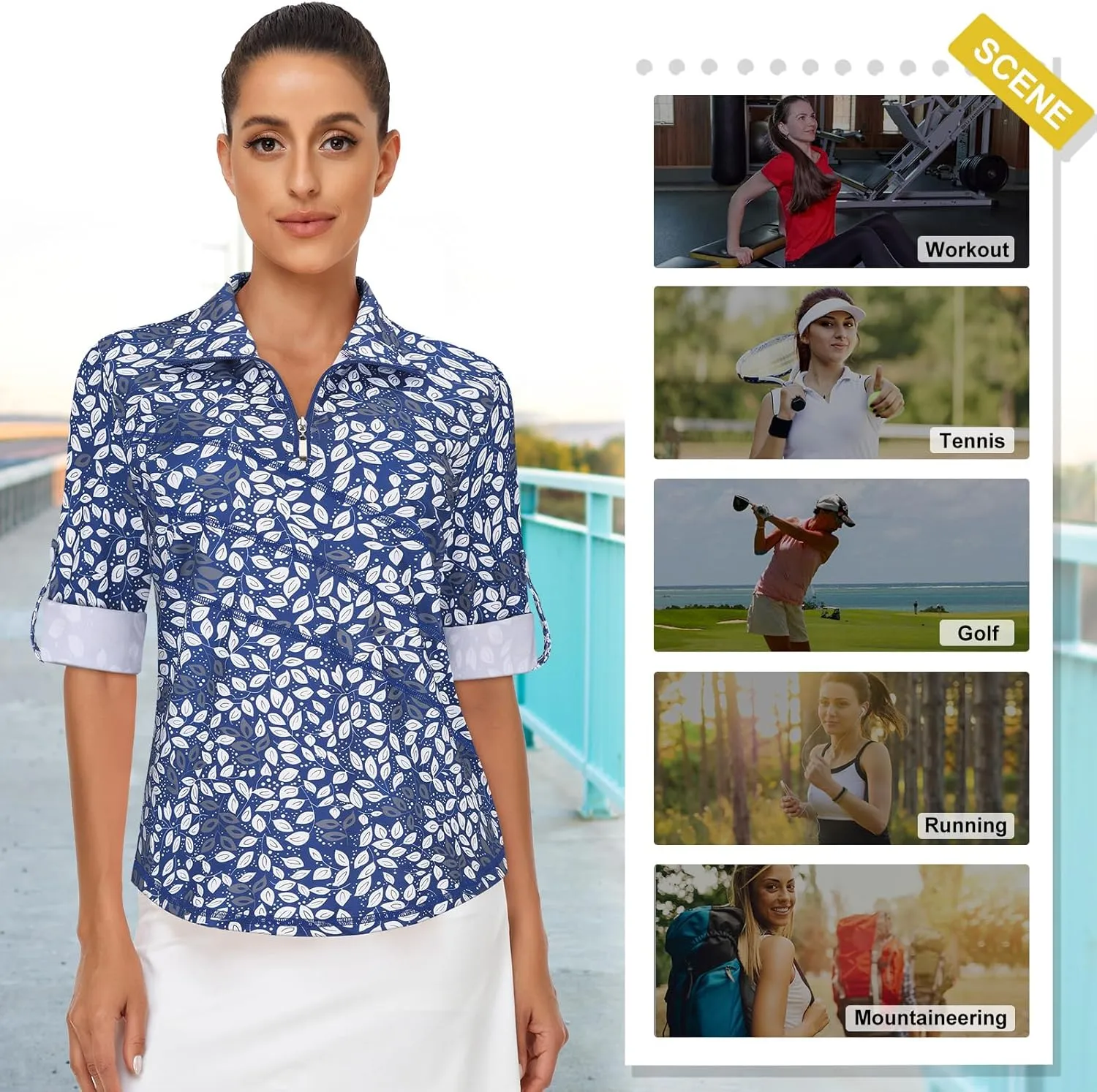 Koscacy Women's 3/4 Roll Sleeve Golf Tennis Polo Shirts UPF50  Half Zip Dry Fit Workout Tops Athletic Shirt