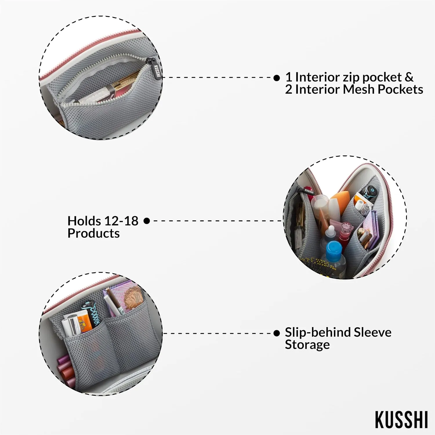 KUSSHI Neoprene Makeup Bag - Washable Makeup Bag for Stress Free Travel (Mauve/Stone)