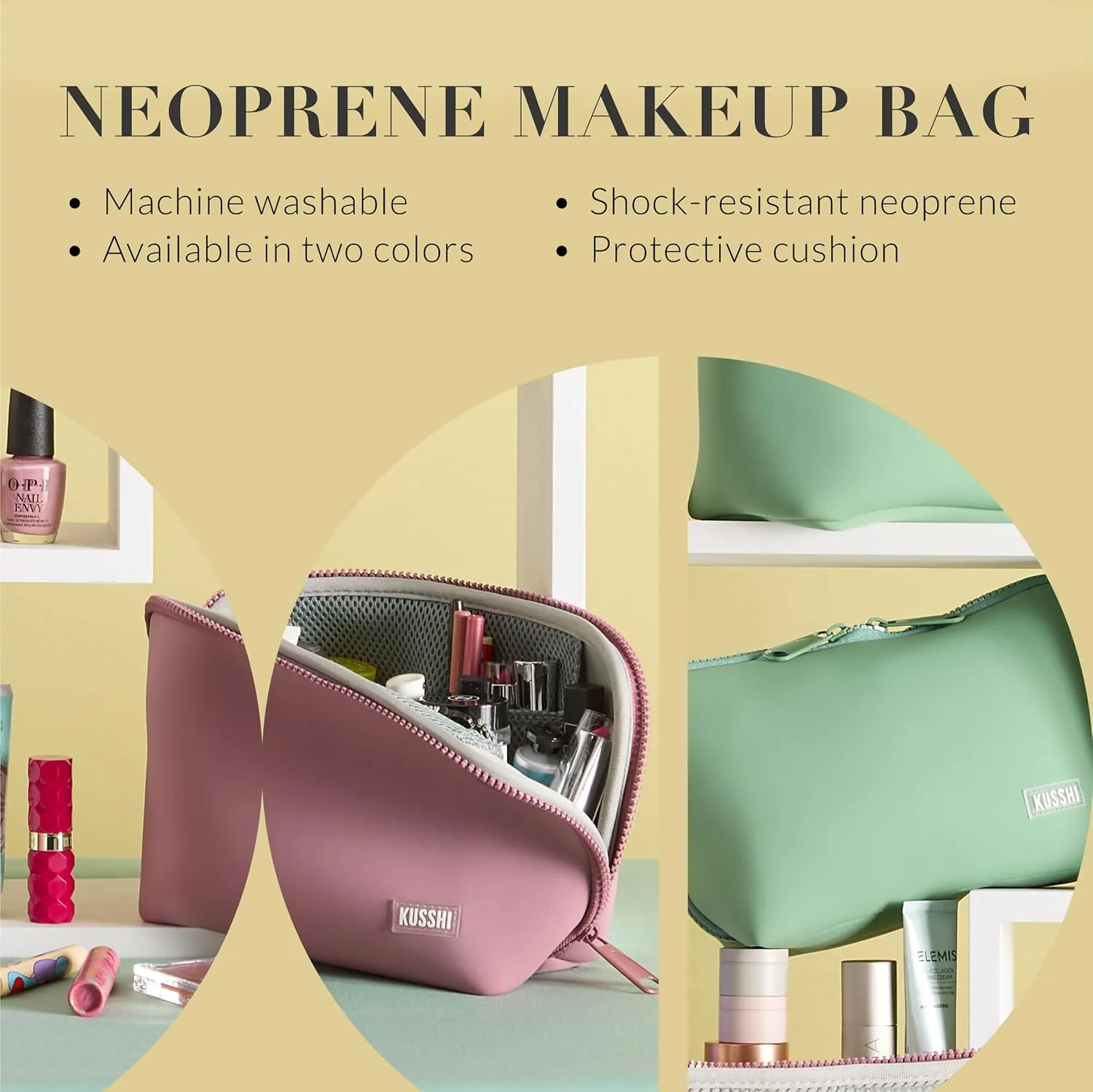 KUSSHI Neoprene Makeup Bag - Washable Makeup Bag for Stress Free Travel (Mauve/Stone)