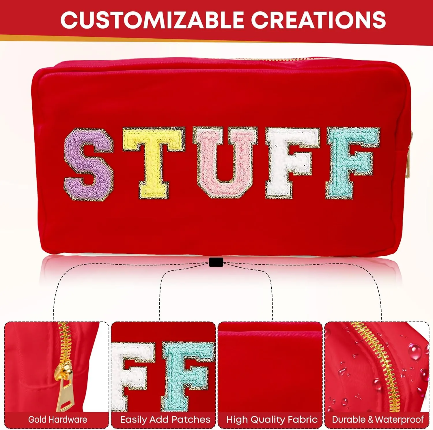 La Sorella Red Nylon Chenille Makeup Bag, Customizable Pouch Bag, Water-resistent travel bag (Red)