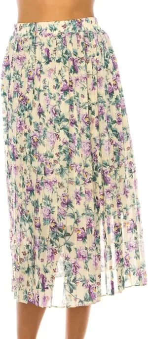 LA12ST Women Pleated A-Line High Waist Swing Flare Midi Skirt
