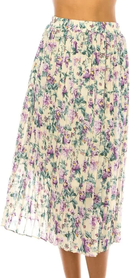 LA12ST Women Pleated A-Line High Waist Swing Flare Midi Skirt