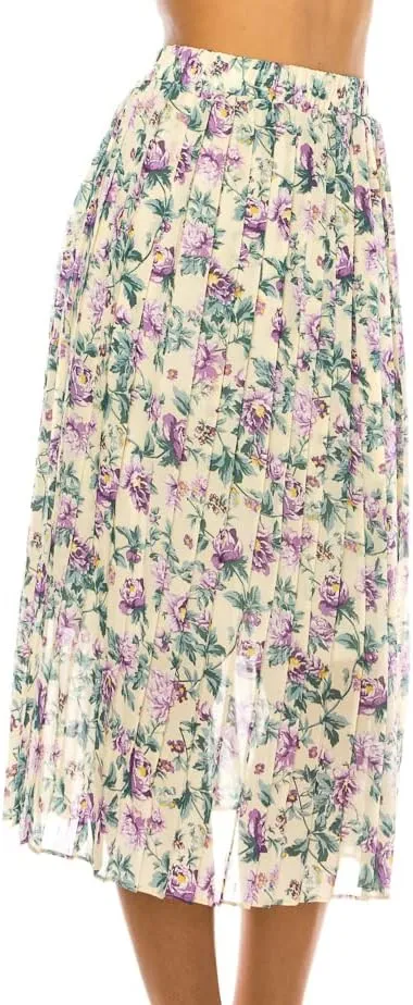 LA12ST Women Pleated A-Line High Waist Swing Flare Midi Skirt