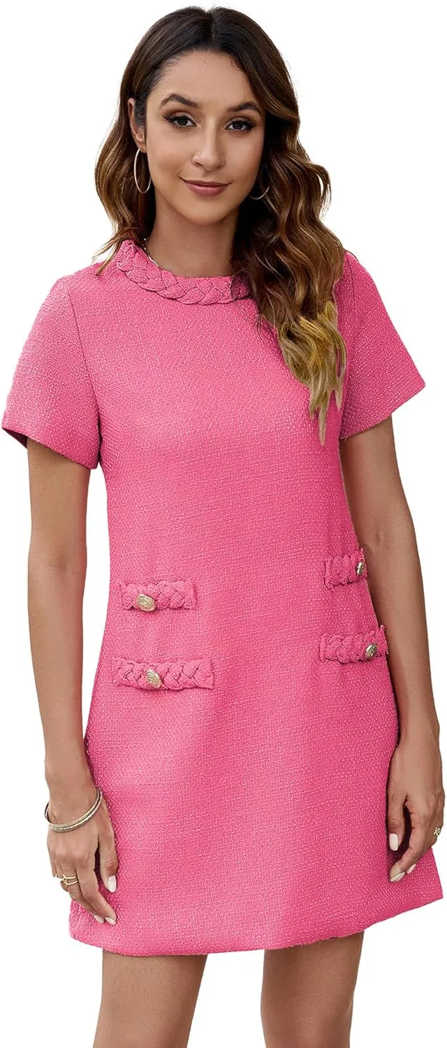 Ladyful Womens Tweed Jackie Dress Short Sleeve Elegant Crew Neck Business Party Vintage Button Bodycon Mini Jackie Dress