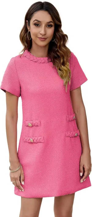 Ladyful Womens Tweed Jackie Dress Short Sleeve Elegant Crew Neck Business Party Vintage Button Bodycon Mini Jackie Dress