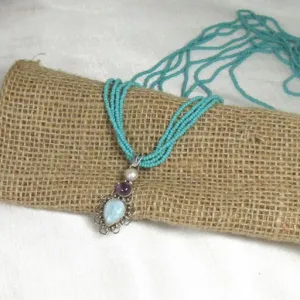 Lapis, Amethyst & Pearl Pendant On Aqua Seed bead Necklace