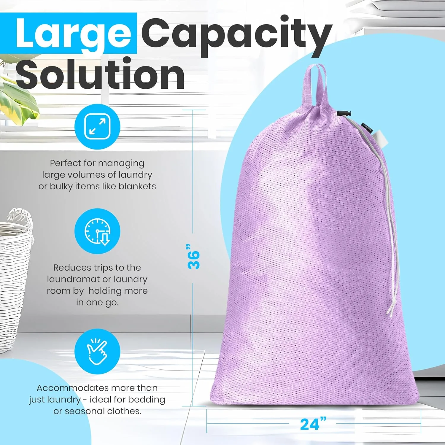Large Mesh Laundry Bag - Carry Handles, Secure Drawstring Closure, Machine Washable, Spacious Storage, Durable Soft Mesh Net Material, College Dorm, Camp, Laundromat. (Purple)